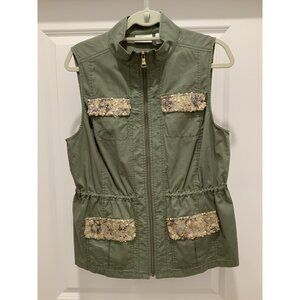 Chicos Vest Size 1 (Medium) Sleeveless Green Gold Sequin Pockets Adj Waist